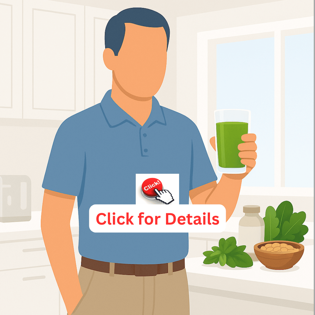 Faceless middle-aged man in a bright kitchen holding a glass of green juice, with healthy vegetables on the counter and ‘Prostate Health’ text below